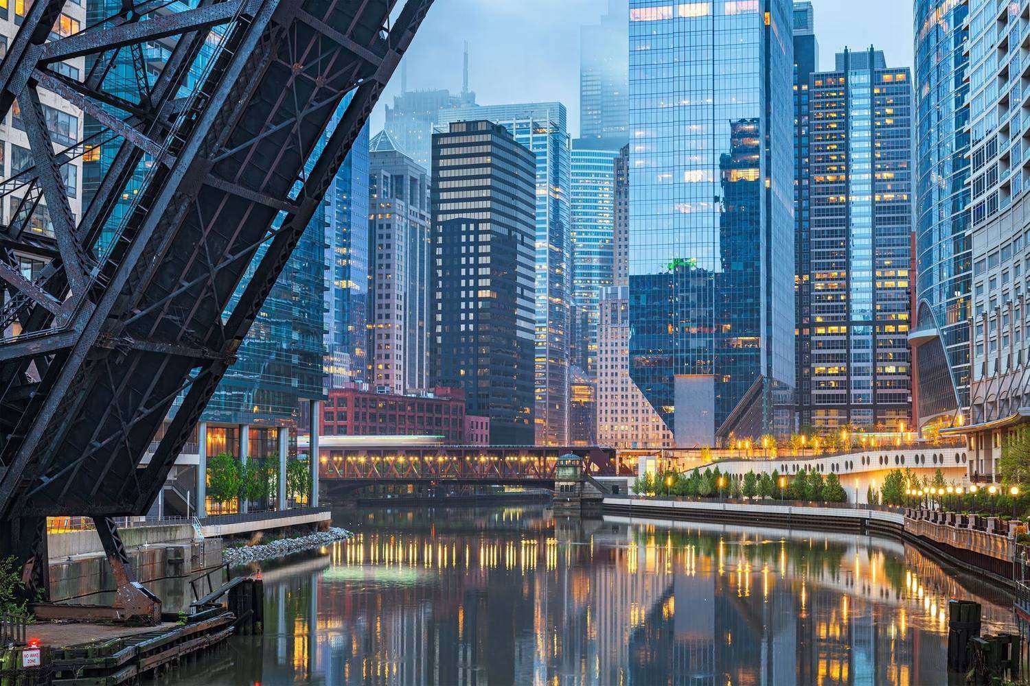 The Chicago River and the Loop skyline at dusk