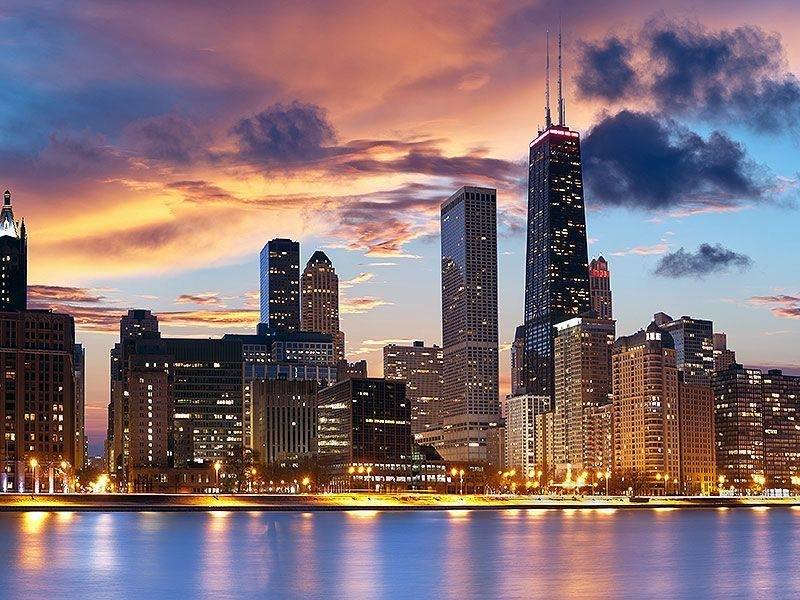 The Chicago skyline at night seen from Lake Michigan