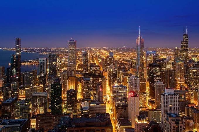 A street and skyline in downtown Chicago