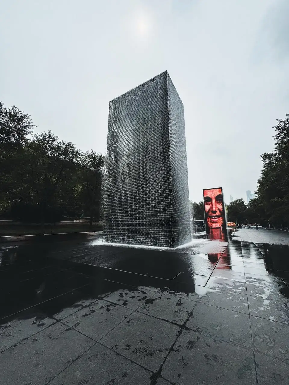Crown Fountain at Millennium Park on a wet day