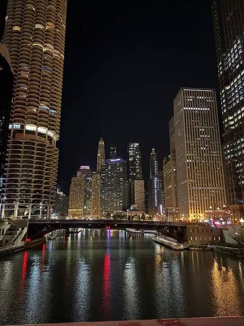 Marina City and the Chicago River lit up at night