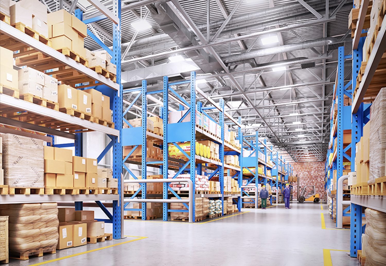 Wide aisle of tall warehouse racking stacked with palletized inventory
