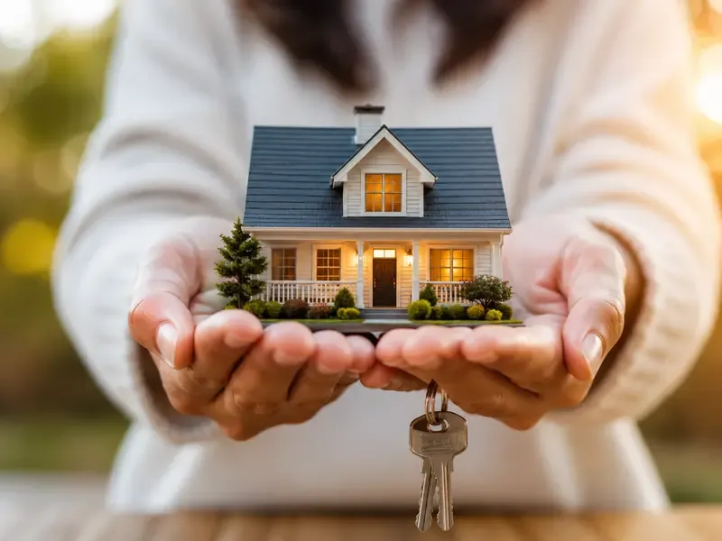Hands holding a small model house with house keys hanging below
