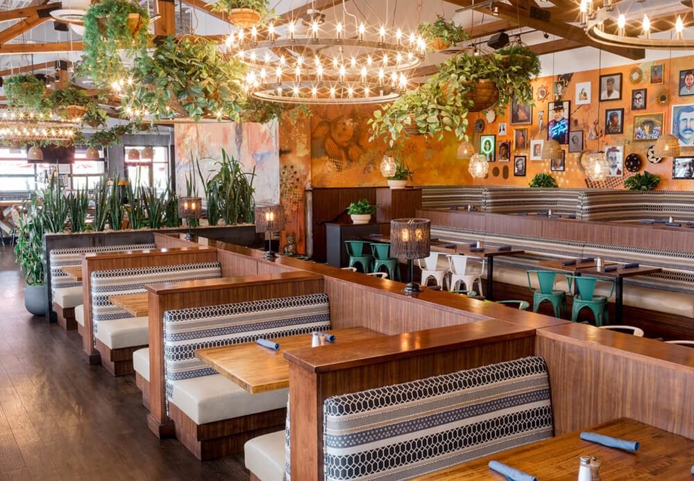 Warmly lit restaurant dining room with wooden booths and hanging plants
