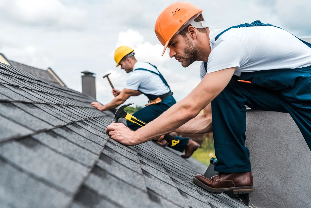 Two roofers in hard hats nailing asphalt shingles on a roof